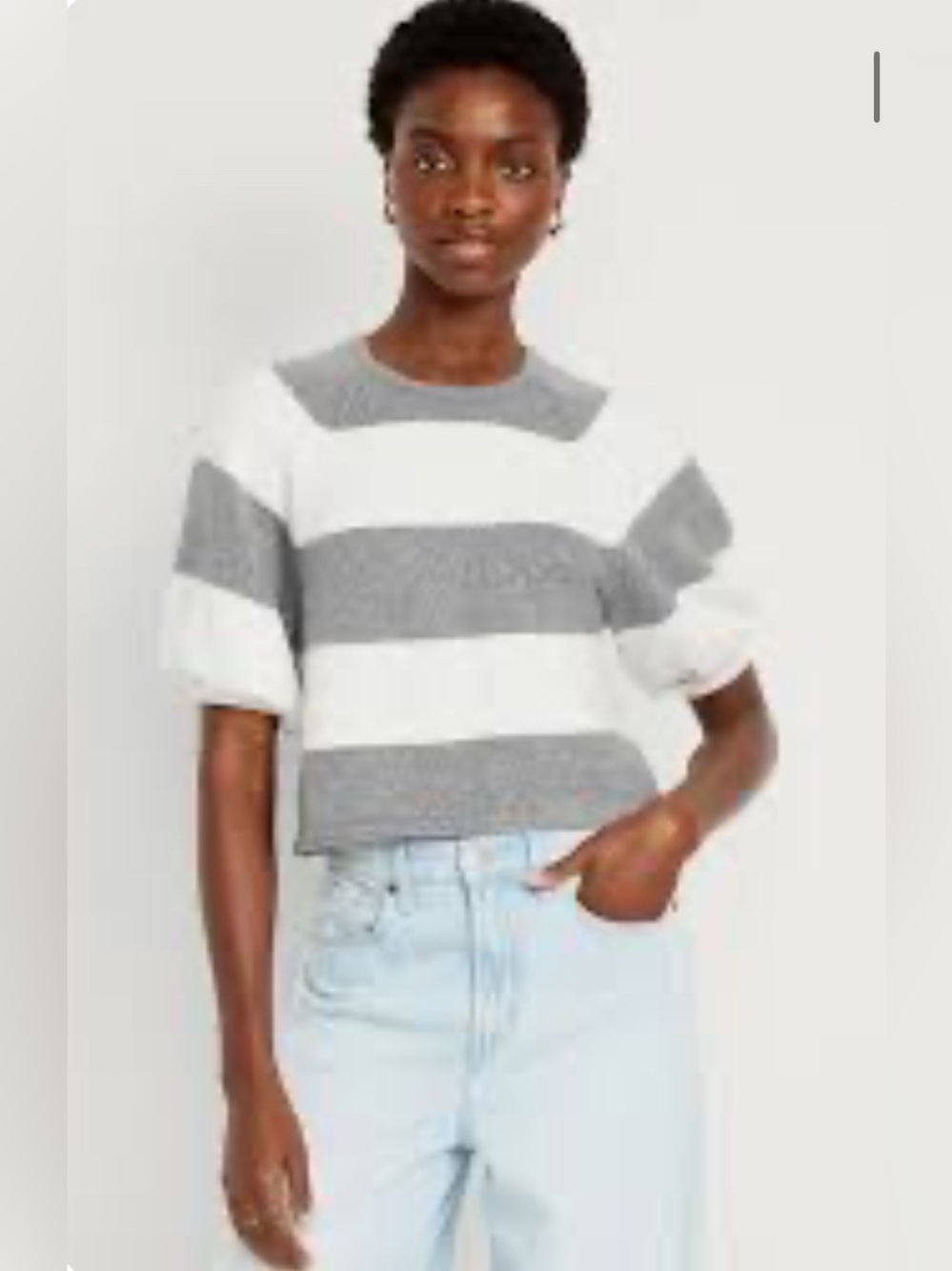 Old Navy SoSoft Gray & White Striped Puff-Sleeve Sweater Top